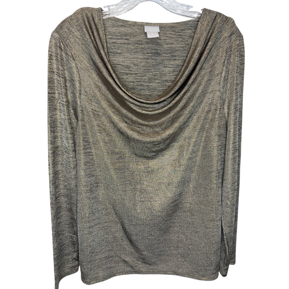 Chicos Cowl Neck Long Sleeve‎ Metallic Knit Top Womens Size 1 Holiday Gold Black